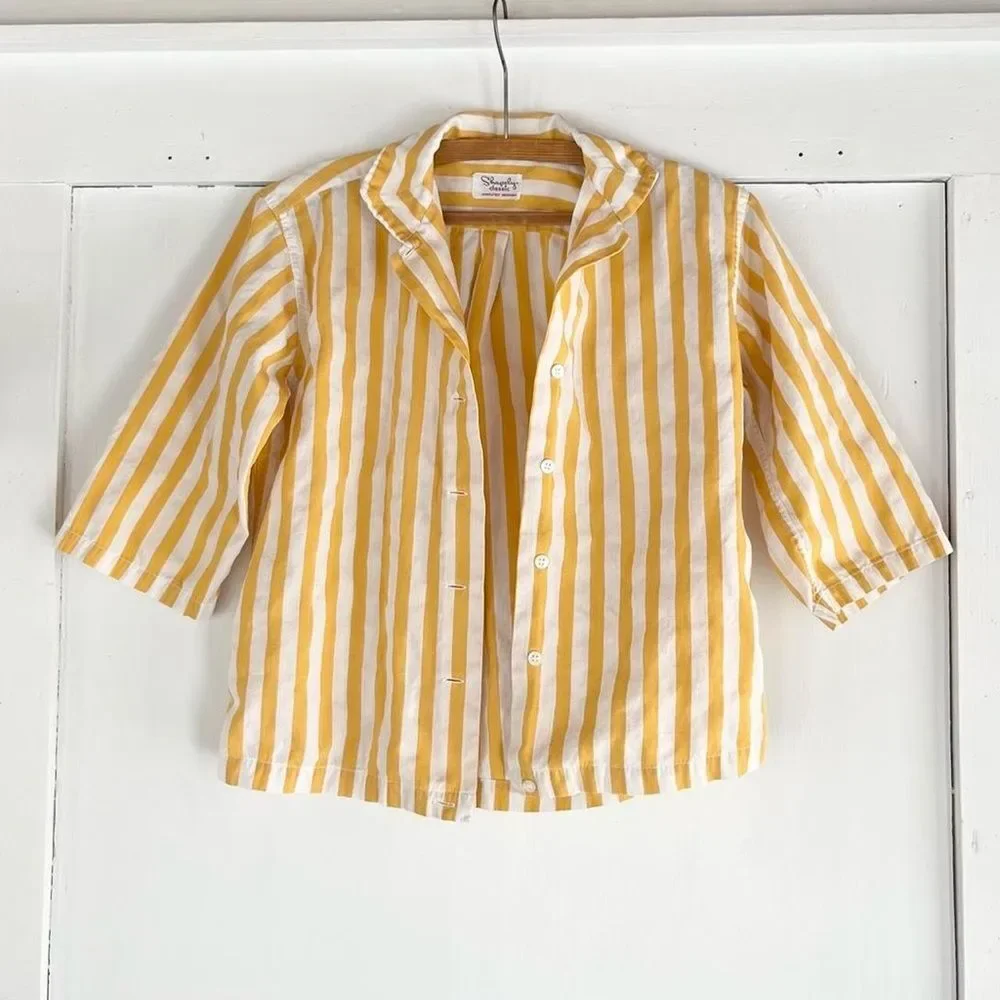 Vintage 60s Cute Retro Minimal Striped Yellow White Top XS Small Womens